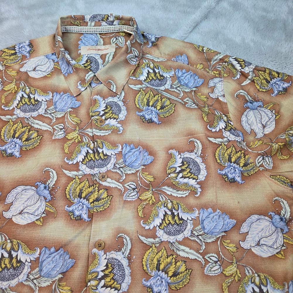 Tommy Bahama Silk Floral Camp Shirt Mens‎ XL Brown Blue Hawaiian Button Down